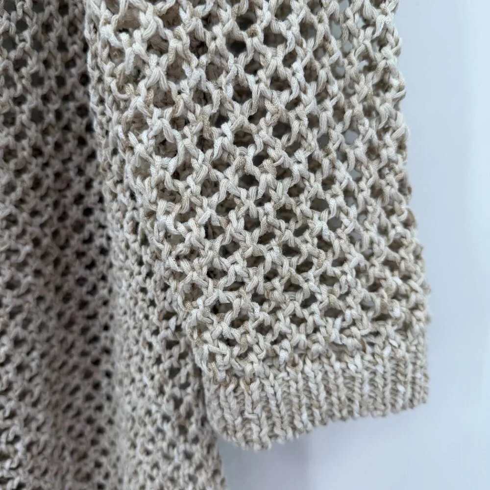 J Jill Open Crochet Knit Hooded Fringe Beige Cardigan Boho Hippie L - Picture 4 of 10